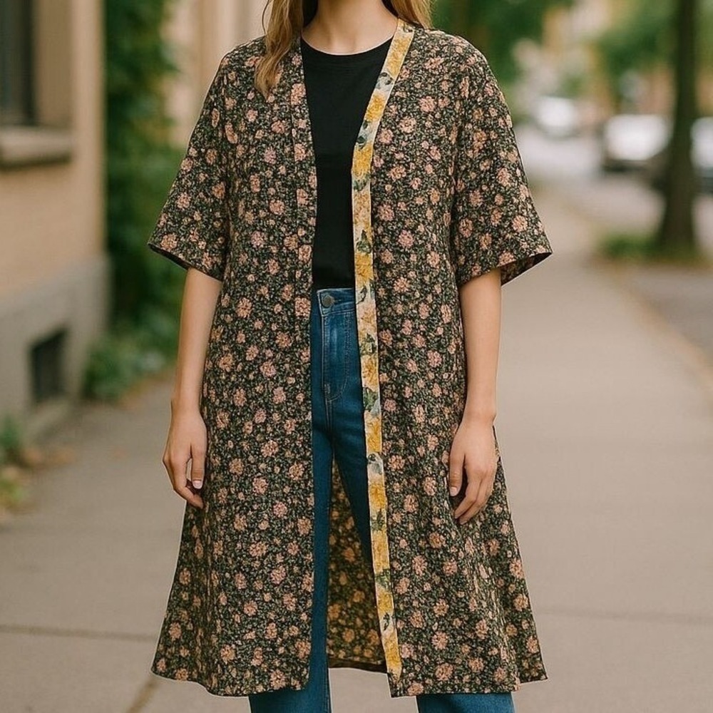 American Eagle Kimono Cardigan Womens S Black Floral Long Duster Sheer Boho - Picture 1 of 11